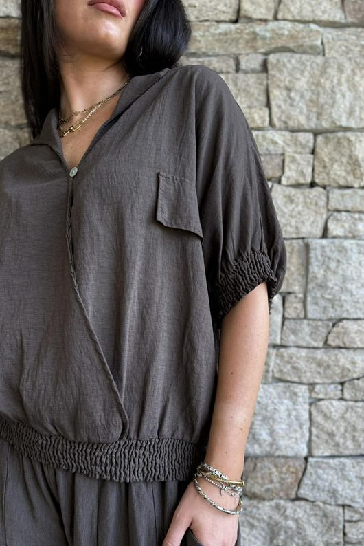 Basso Button Drape Cap Sleeve Shirt Chocolate
